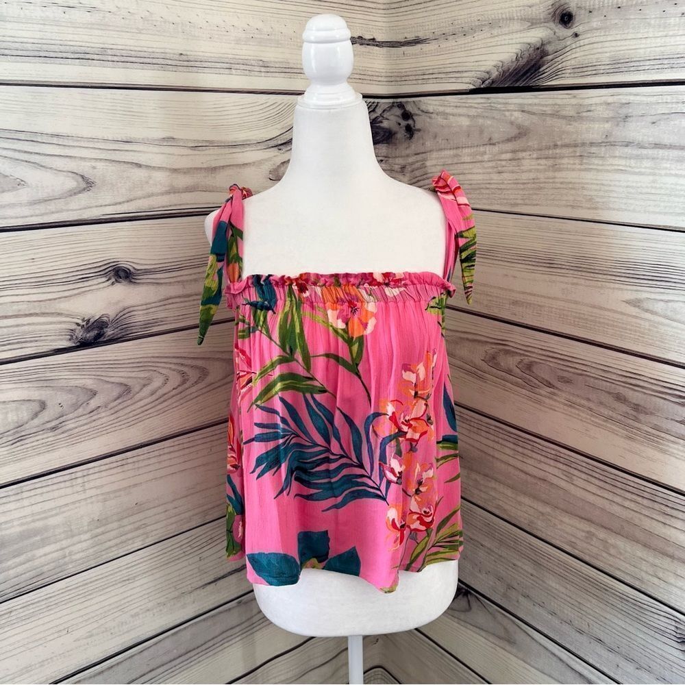 Billabong Pink Tropical Floral Print Convertible Off Shoulder Tie Tank Top